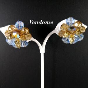 Vendome Blue & Gold Crystal Beaded Clip Earrings, Gold Plated, 1960s Vintage